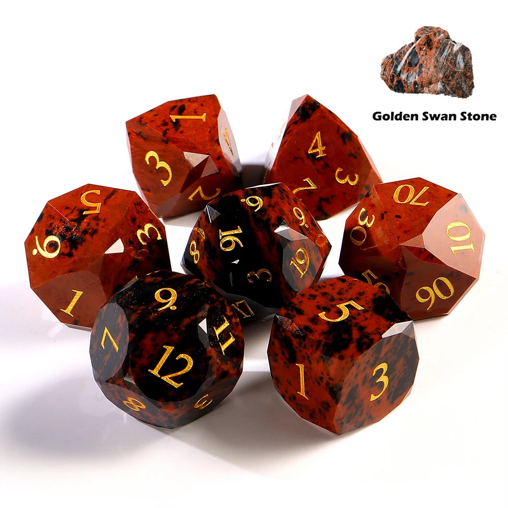 7PCS Polyhedral Multi Faceted Custom Natural Gem Dice Set D6 D20 Golden Swan Stone Dice for RPG DND Table Games