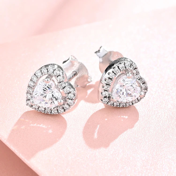 925 Sterling Silver Stud Earrings Jewelry clear CZ Cubic Zircon Stud Earrings Women Classic Heart Earrings