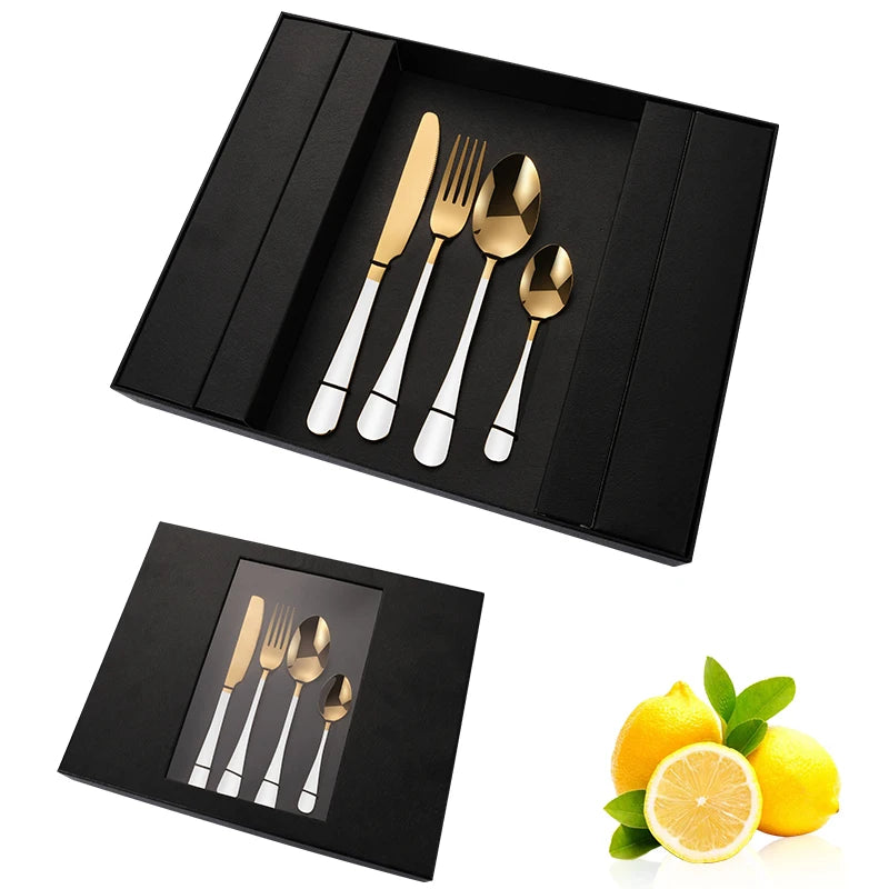 Utensils Spoon Fork Knife Set Stainless Steel Gold and White Plated  16pcs Cutlery Set with Gift Box