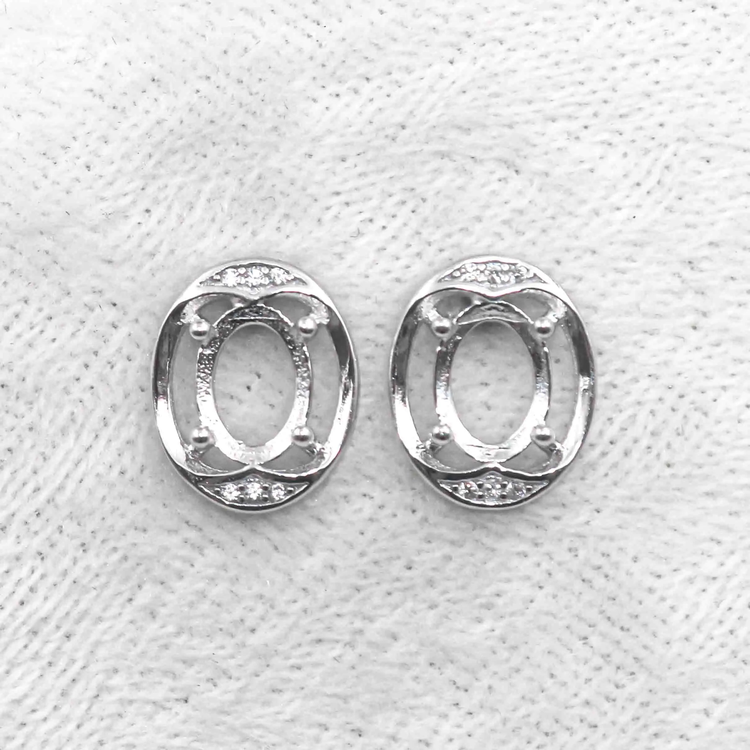 Sterling Silver 6*8mm Semi Mount Stud Earrings Empty Support Blank Claws Setting S925 Base Without Center Stone for DIY Inlay