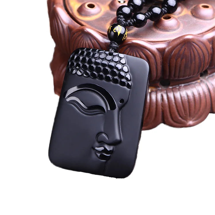 2023 Natural Crystal Ornament Obsidian Buddha Half Face Pendant Necklace XL Chain for Men With Main Stone