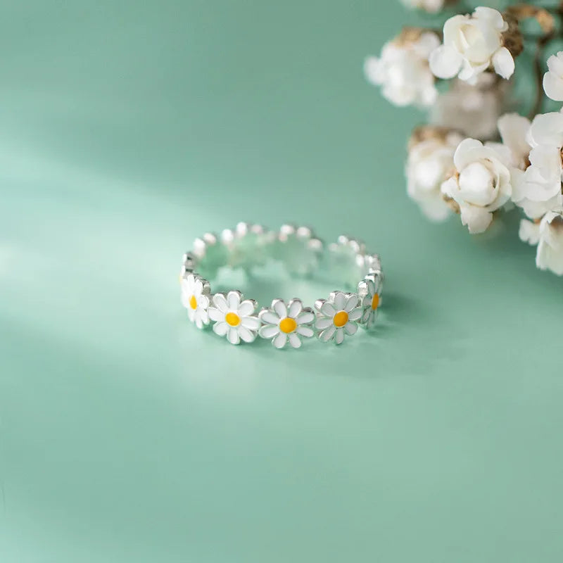 Daidan Silver Ring 925 Elegant Epoxy Adjustable Enamel Daisy Flower Ring for Girls