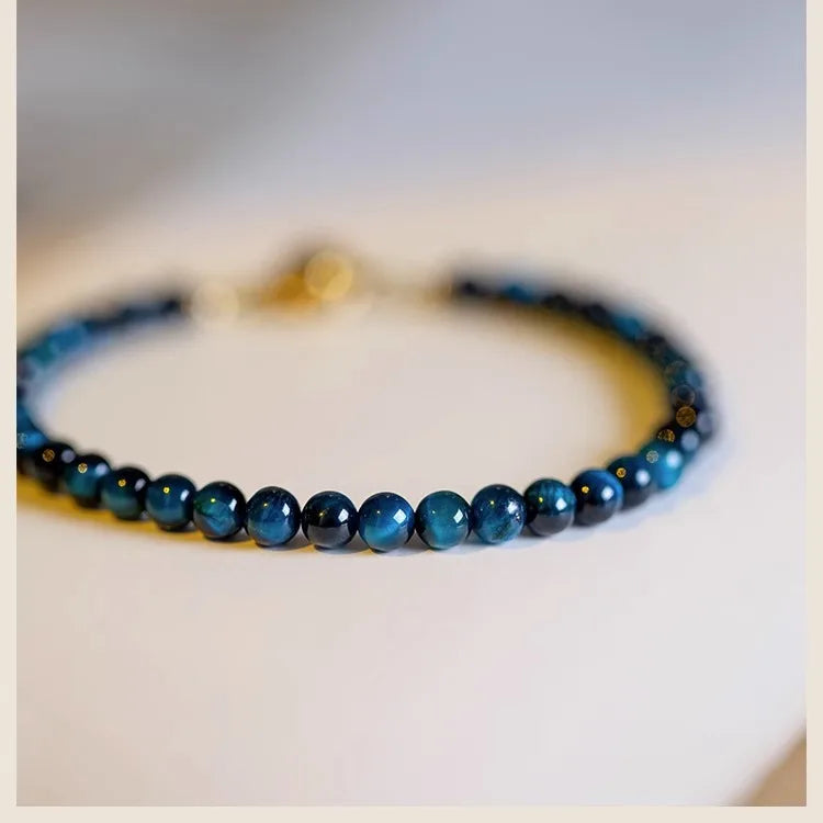 Blue Tiger Eye Stone 14K Gold Plated Bangle Wealth Fortune Health Cat Eye Beads Bracelet Geometric Pattern for Weddings Parties