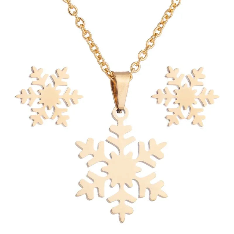 Stainless Steel Christmas Snowflake Necklace Gold Plated Earrings Adjustable Ring Women's Fashion Jewelry Set