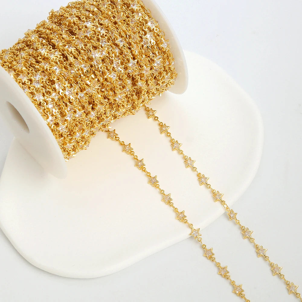 18K Gold Plated Brass Zircon Chain for Jewelry Necklace Making Pentagram Heart-shaped Zircon Chain Manufacturers Custom