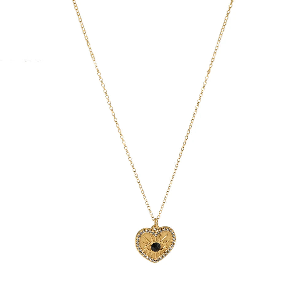 Wonderful Stainless Steel Fashion 18K Gold Plated White Cubic Zircon Paved Black Eyes Love Heart Pendant Necklace for Women