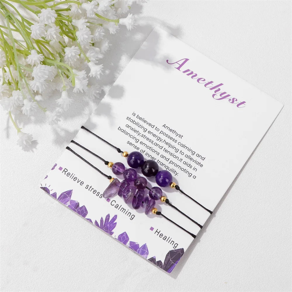 Natural Stone Stretch Rope Handmade  Braided Amethyst Bracelet Natural Stone Colorful Set Gift Bracelet