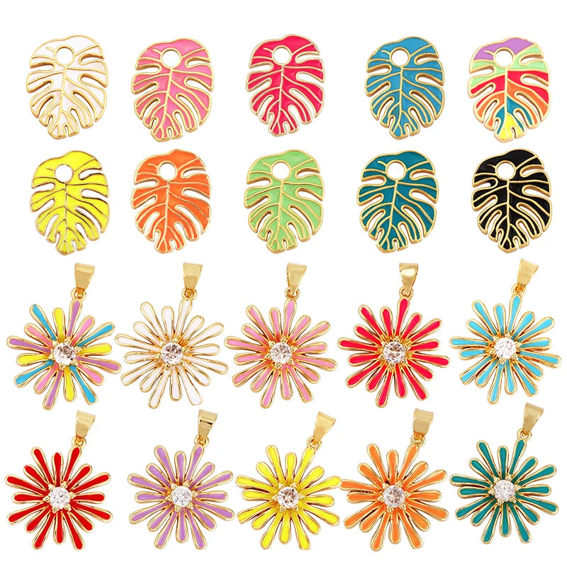 Sun Flower Banana Leaf Enamel Charm Pendant for Necklace Bracelet EarringHandy Craft Summer Beach Jewelry Supply Wholesale N28