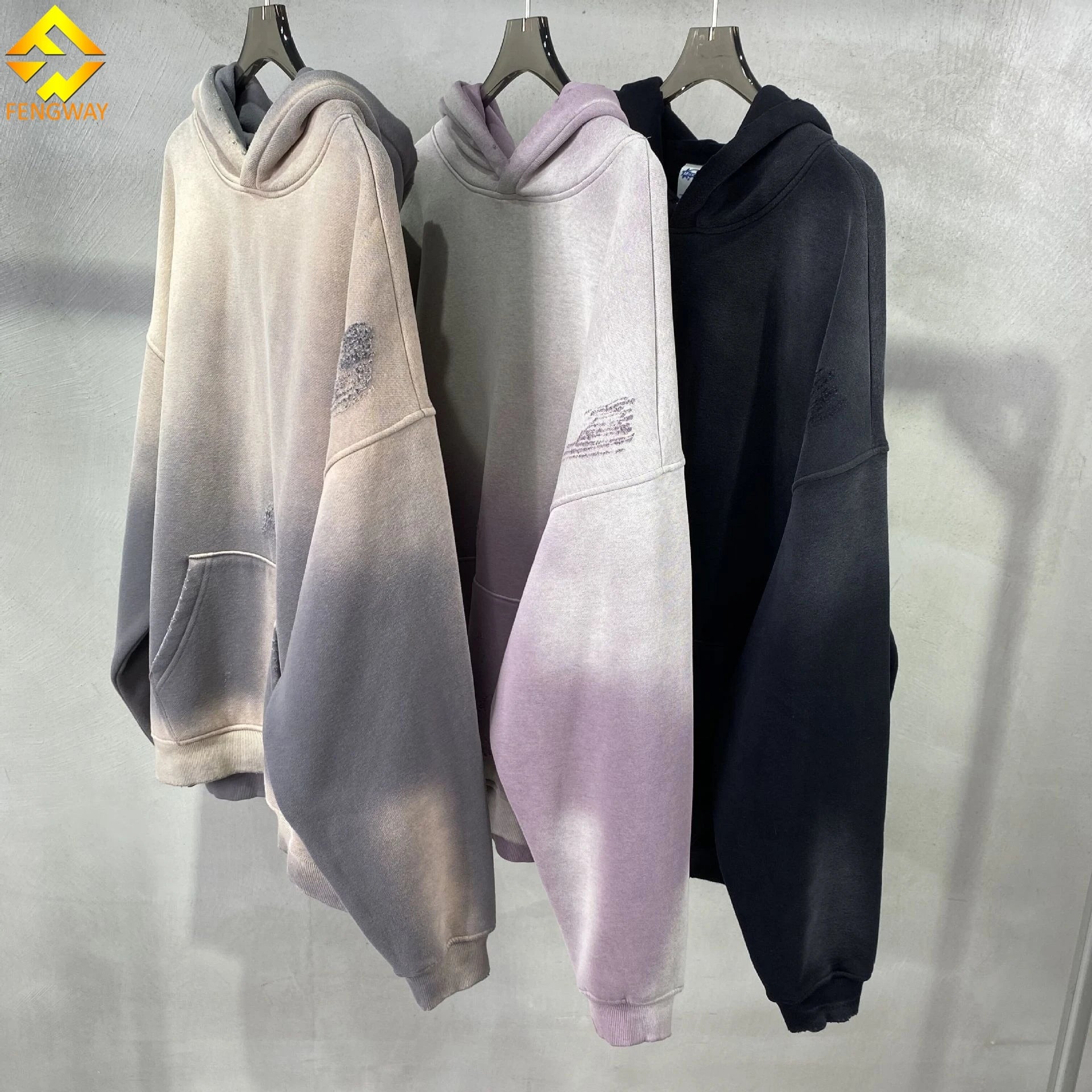 Custom Streetwear 360 Gsm Solid Embroidered Distressed Vintage Washed Sun Dried Faded Autumn Hoodie with Pocket for Men