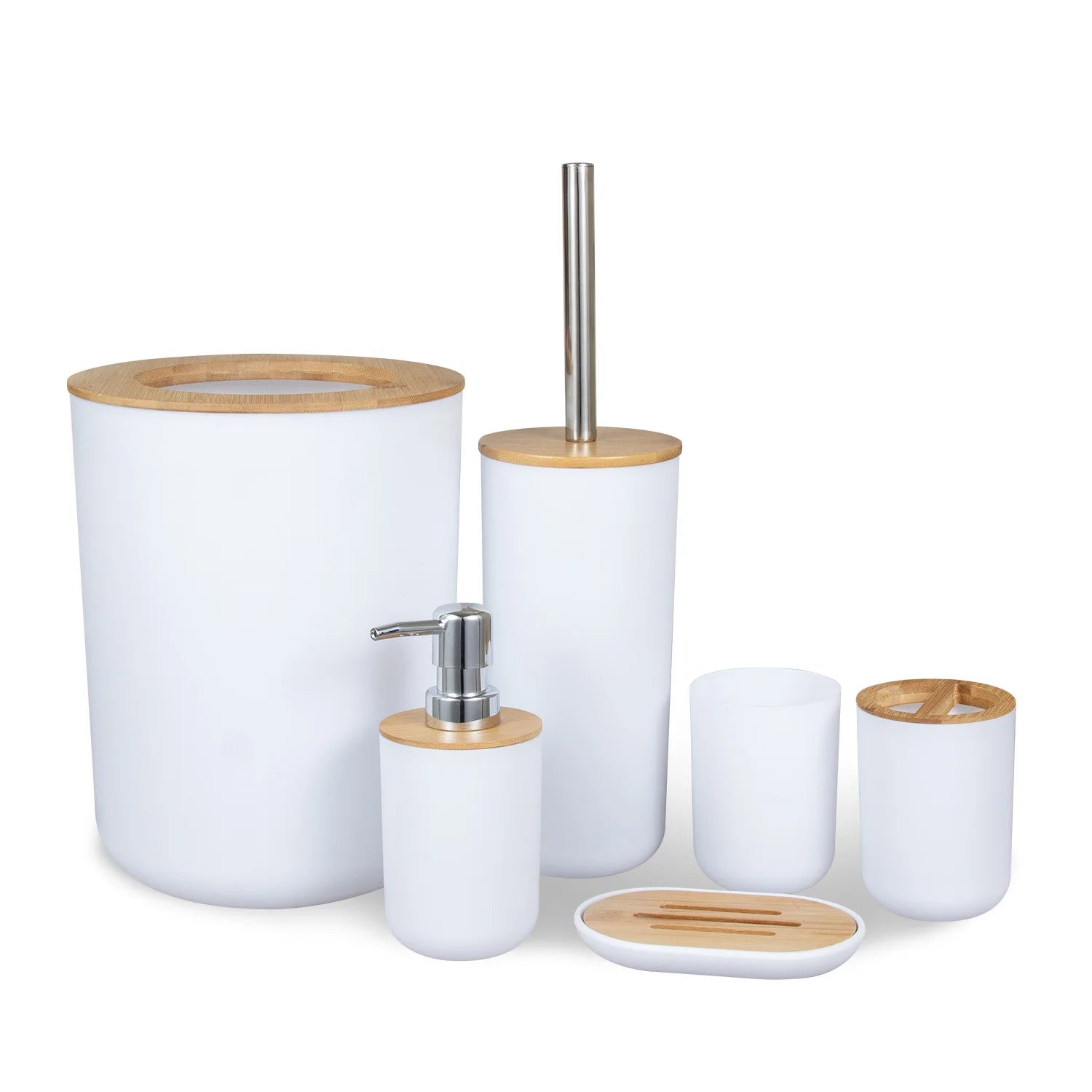Wholesale Customized Toilet Bathroom Accessories Set 6 Piece Toilet Brush Trash Can Soap Dispenser Toothbrush  Holder Kit