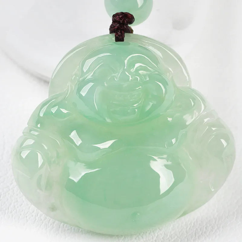 Hot Selling Burmese Jadeite Smiling Buddha Pendant Waxy Light Green Ice Texture Laughing Buddha Necklace for Fashion