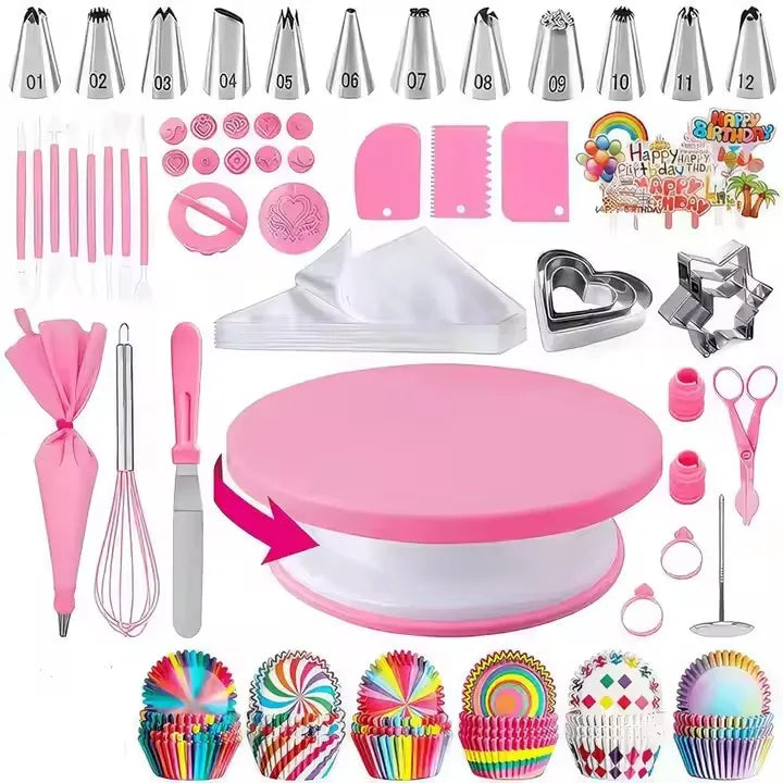 Custom 255pcs Plastic Pink Disposable Cake Turntable Set 12 Inch Rotating Cake Dessert Stand for Baking and Decor MegaBDM