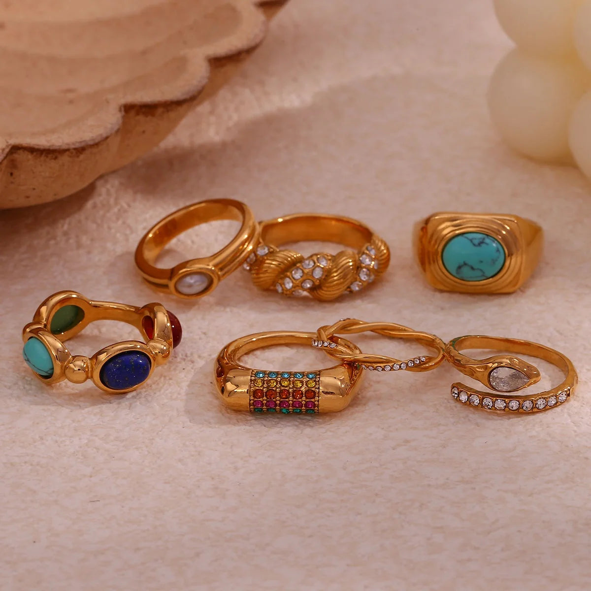 Dreamshow Jewelry Bijoux Acier Inoxydable Stainless Steel Jewelry PVD Gold Plated Colorful Zircon Ring Set