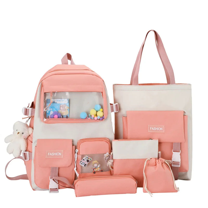 New Korean Version Four-piece Set Female High School Students Backpack Large Capacity Canvas Bags