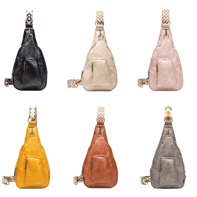 Vintage Women's Jacquard Shoulder Strap PU Chest Daypack Colorful Crossbody Leather Fanny Pack Backpack Stylish Fashion Sling