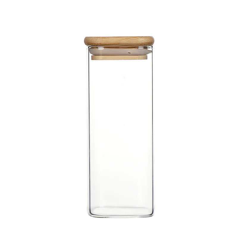 Square Borosilicate Glass Food-Grade Kitchen Storage Bottles and Jars Set with Bamboo Lids for Cookies Candy Sugar
