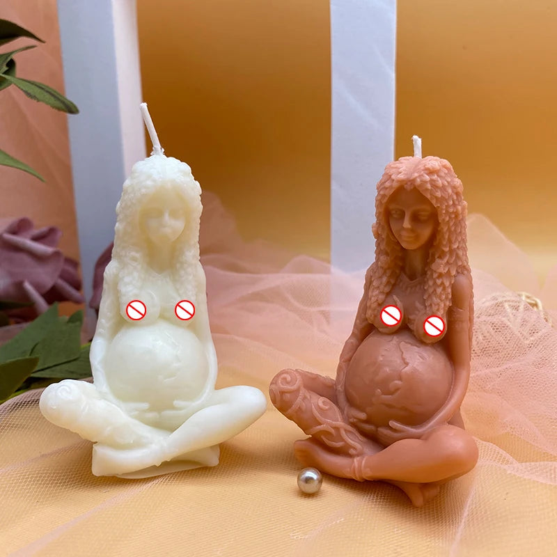 B-1043 DIY Cake Candle Mould Greek Goddness Gaea Mother Earth Resin Silicone Candle Mold Curved Long Hair Lady