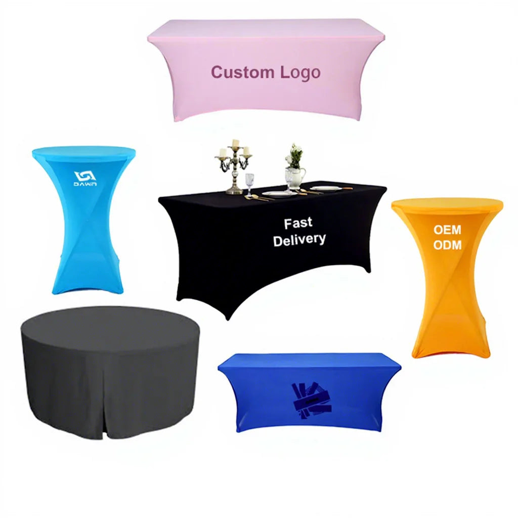 Customizable 4Ft 6Ft 8Ft Stretch Type Spandex Fabric Table Cloth Printed Woven Outdoor for Events Parties Weddings Banquets