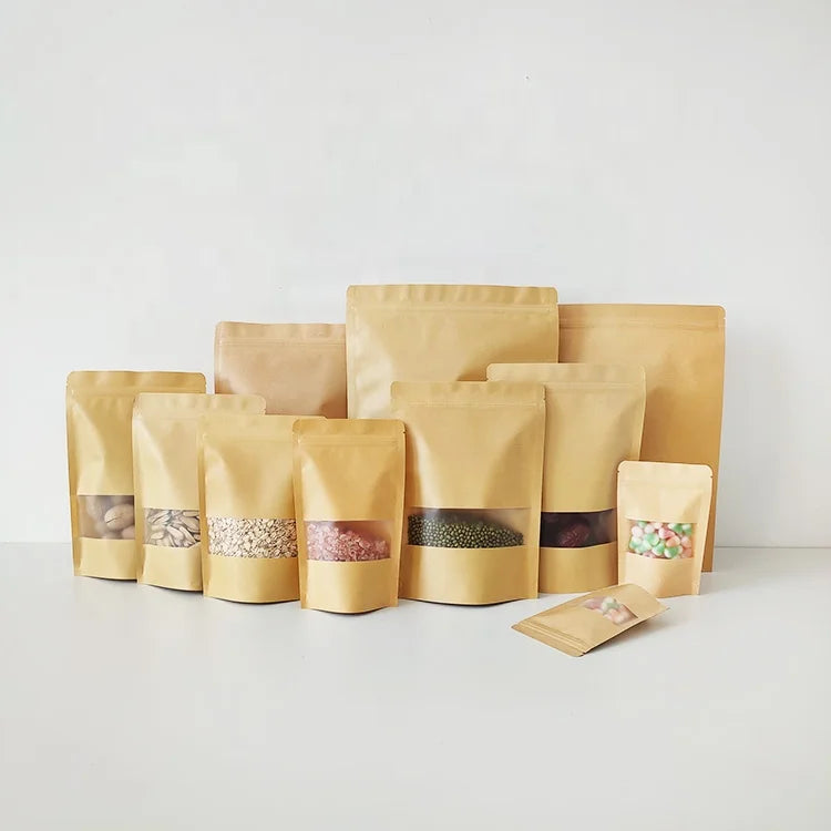 9x14cm Plain In-Stock Small Mini Brown Kraft Paper Stand up Pouch With Zipper and Clear Window