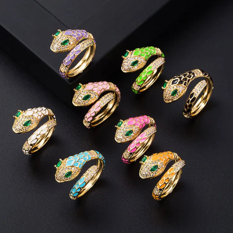 New Fashion Snake Shaped Opening Adjustable Finger Rings Women Creative Dripping Oil Enamel Green Zircon Eyes Snake Rings Girls
