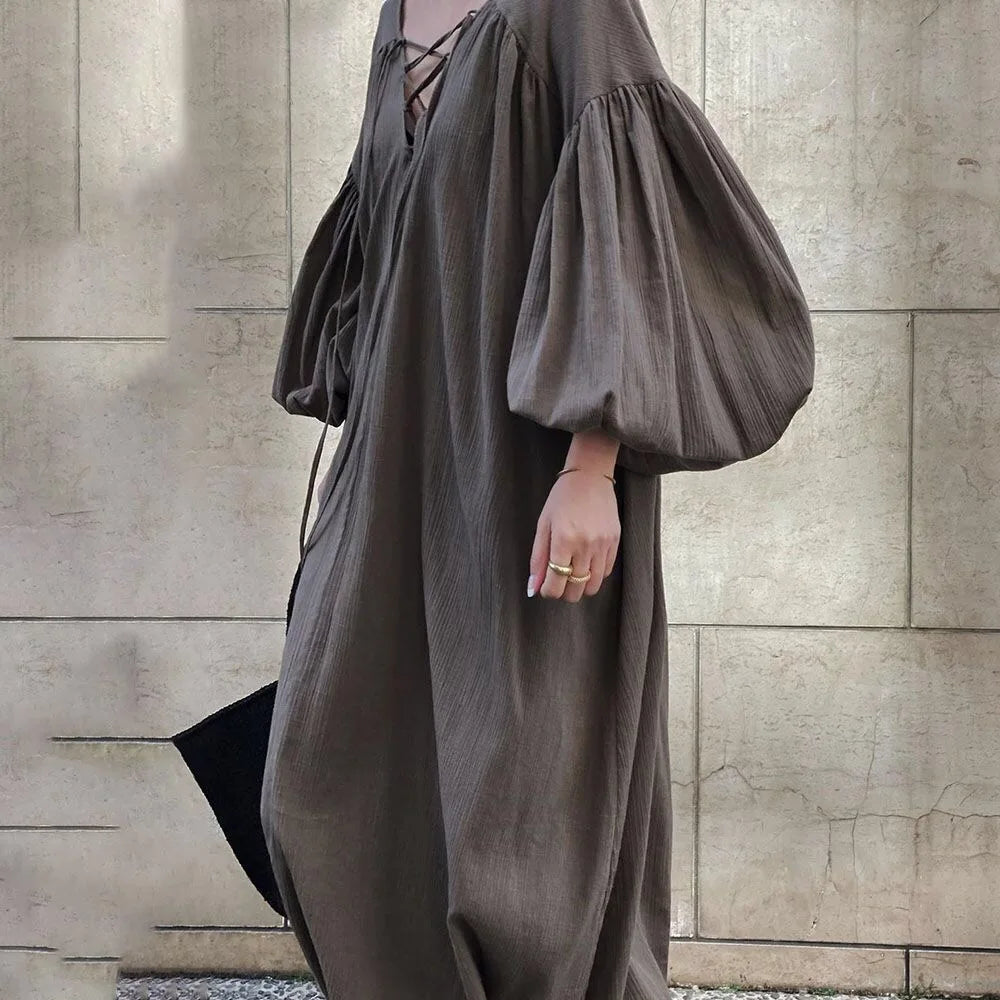 Wholesale 2025 Spring and Summer Casual Loose Large Size Cotton and Linen Dress Elegant Lace V-neck Lantern Sleeve Women Dress