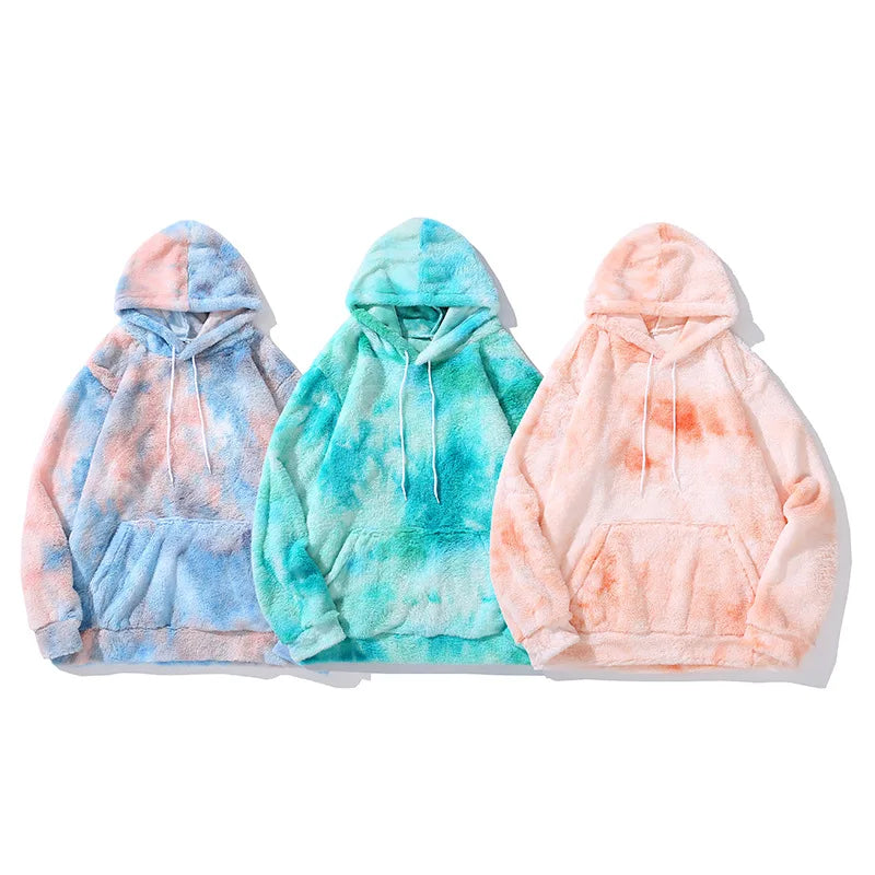 Custom Tye Dye Hoodies Fashion Hoddies for Men Kangaroo Pocket Tie Dye Faux Fur Fluffy Hoodie Wholesale