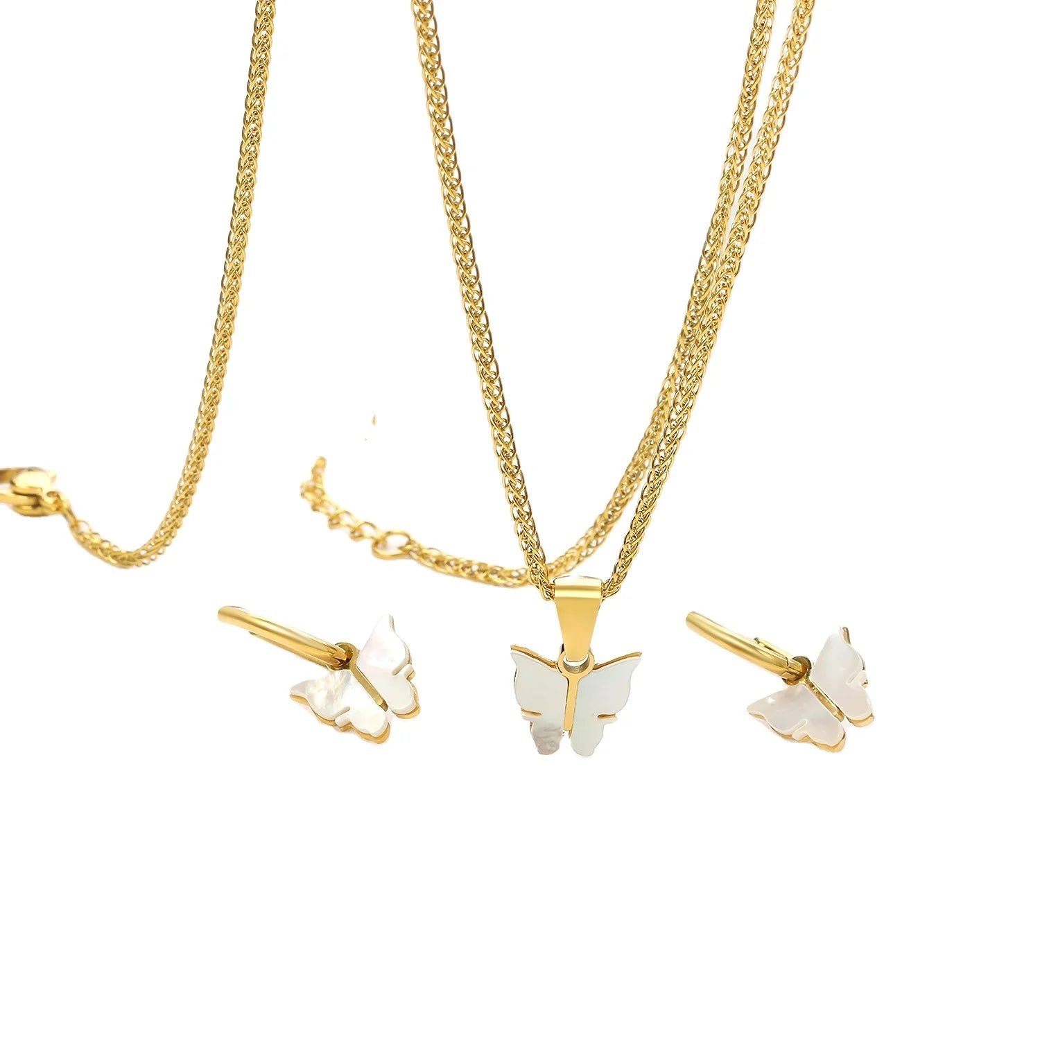 2024 New Hot Sale Gold Plated Stainless Steel Butterfly Necklace Earrings White Shell Butterfly Jewelry Set for Women Gifts