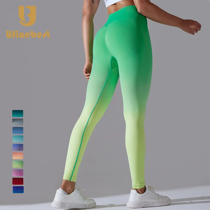 Gradient High Waist Seamless Gym Knitted Tight Hip Lifting Yoga Leggings Sports Fitness Pants for Women MegaBDM