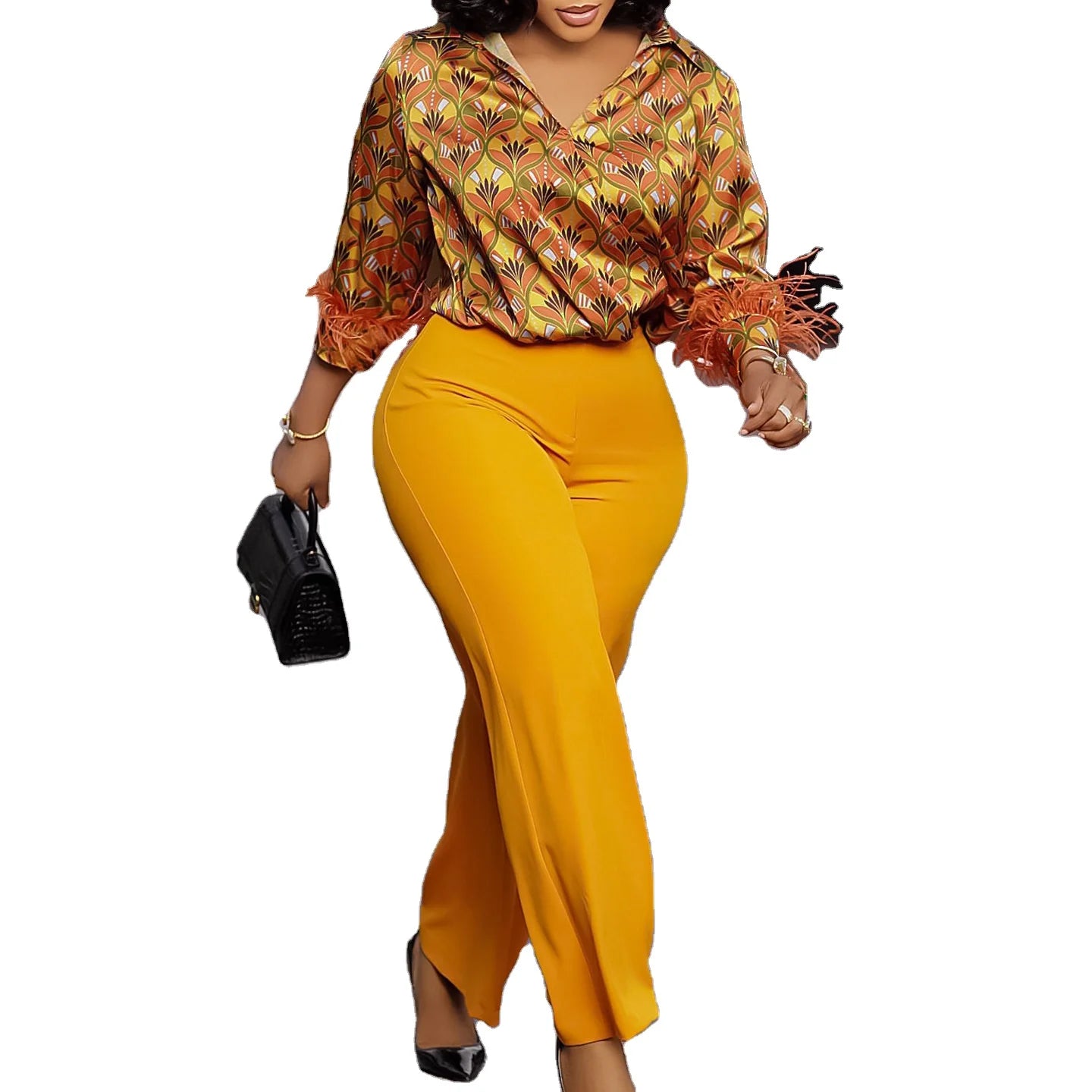 Fashion Ladies Suits Office Wear Outfits Long Sleeve Women's Printed Blouses Elegant Office Wear Pants and Blouses Set