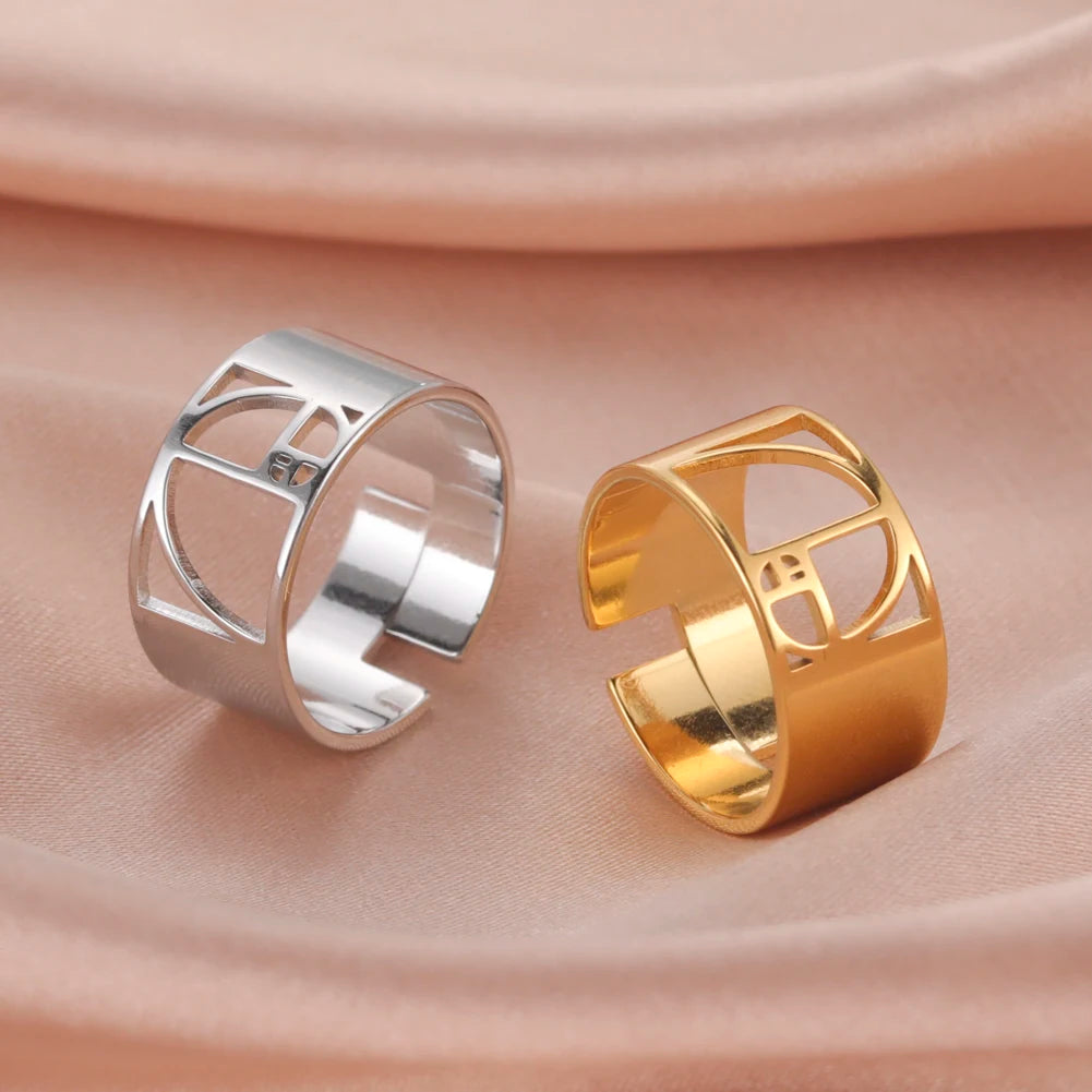 Fibonacci Spiral Rings for Men Women Stainless Steel Sacred Aesthetic Geometric Math Adjustable Finger Ring Jewelry