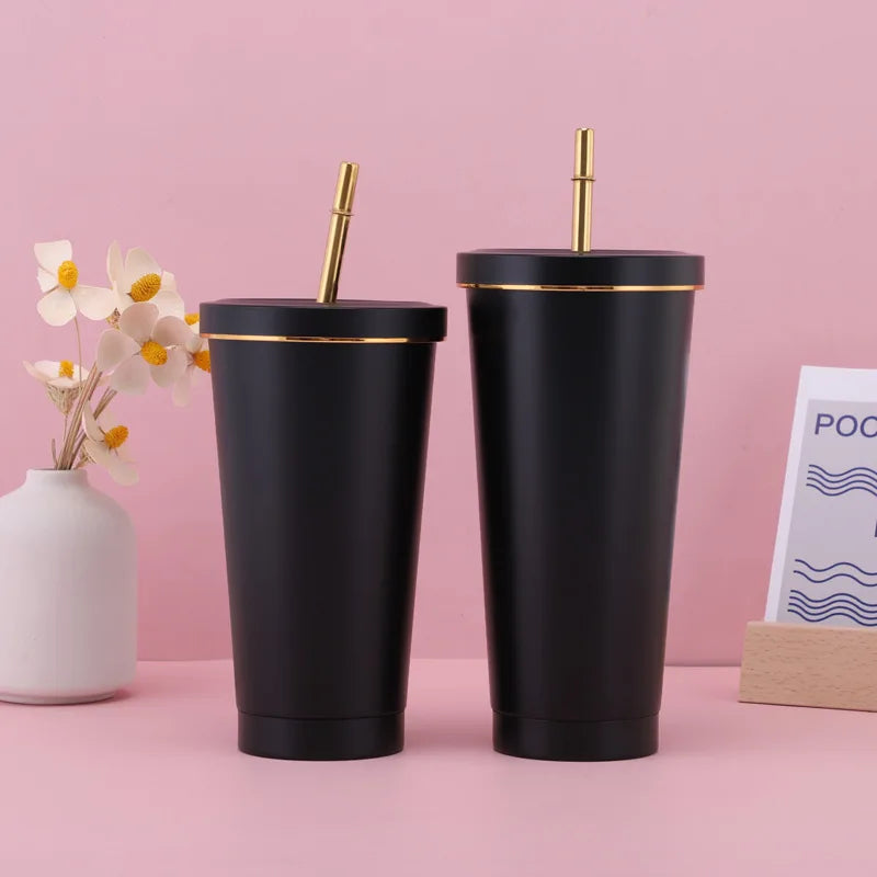 Coffee Cup with Straw and Lid Double Wall Mug Stainless Steel Tumbler
