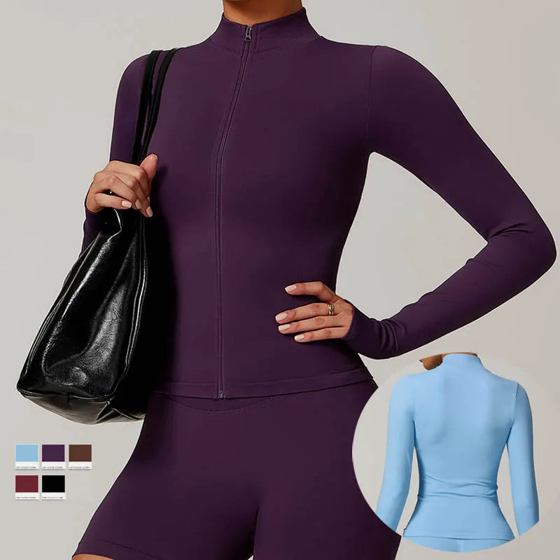 SHINBENE Full Zip Crop Top Athletic Slim Fit Tops Women's Workout Long Sleeve Yoga Jacket With Thumb Hole