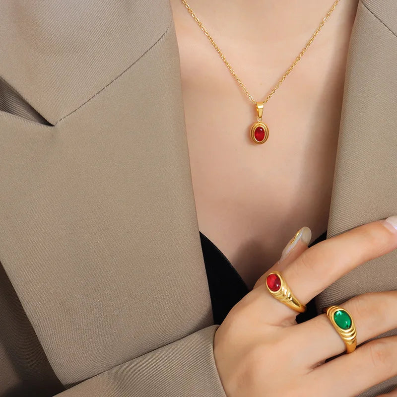 Unique Design Popular Ancient Egypt Pharaoh 18K Gold Plated Stainless Steel CZ Classic Oval Pendant Necklace Ring Set Women