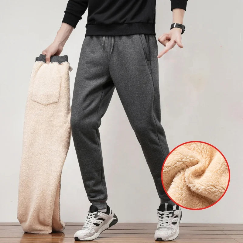 Plus Size Mens Wool Pants Winter Warm Sherpa Lined Thick Sweatpants Zipper Pocket Trousers Waterproof Joggers Fleece Pants