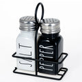 Farmhouse 80ml White and Black Glass Salt and Pepper Set with Metal Stand for Kitchen 2 Pack Glass Salt and Pepper Shakers Set