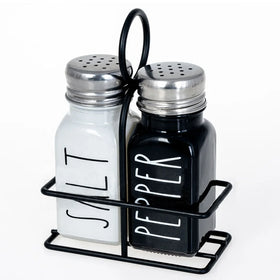 Farmhouse 80ml White and Black Glass Salt and Pepper Set with Metal Stand for Kitchen 2 Pack Glass Salt and Pepper Shakers Set