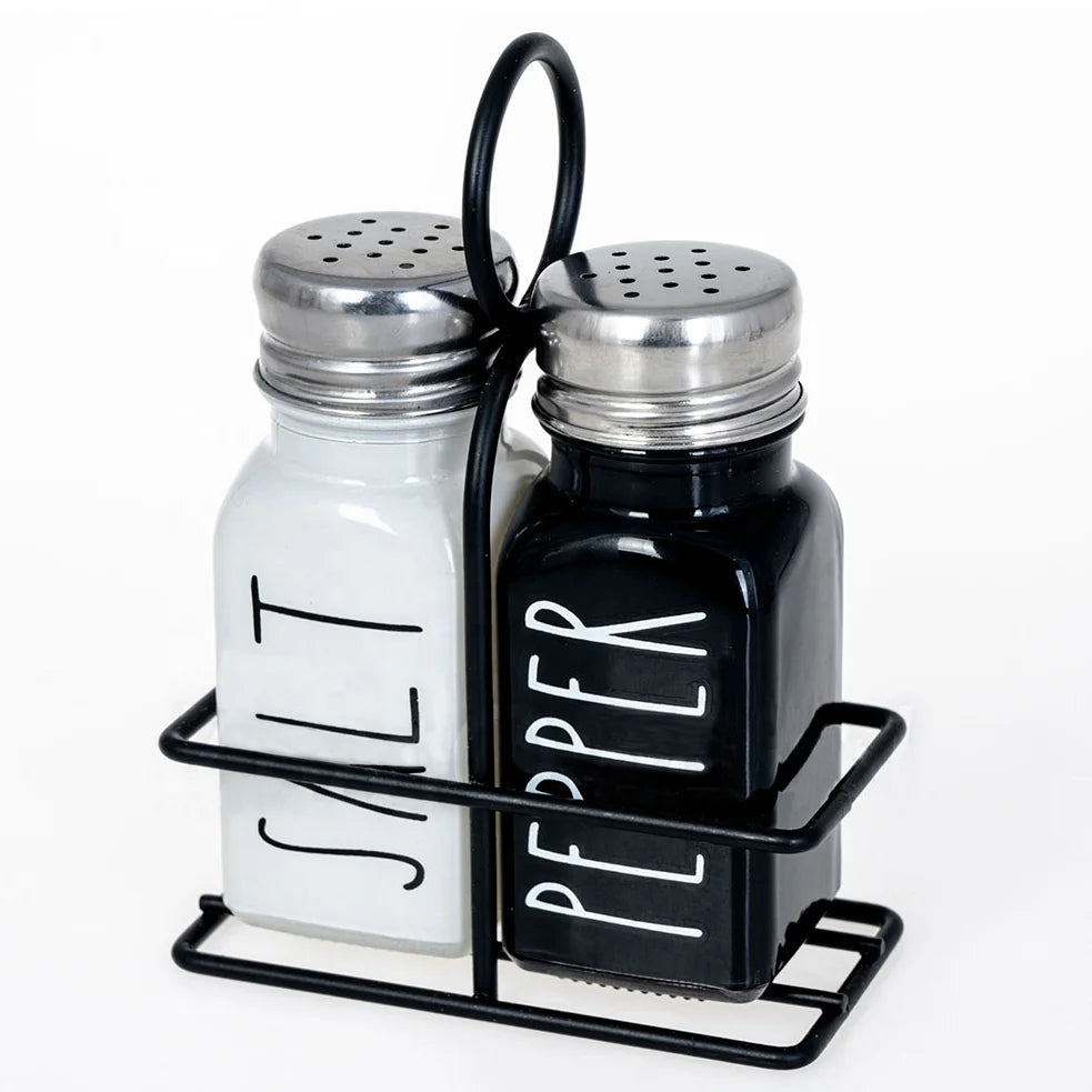 Farmhouse 80ml White and Black Glass Salt and Pepper Set with Metal Stand for Kitchen 2 Pack Glass Salt and Pepper Shakers Set