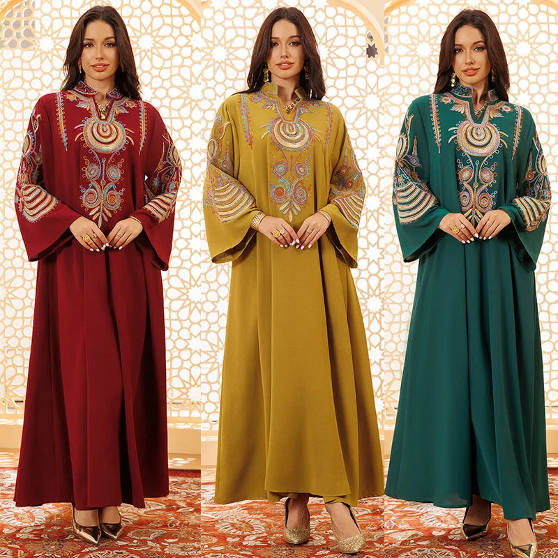 AB430 Luxurious Middle Eastern Dubai Abaya Women Muslim Dress Rope Embroidered Long Sleeve Eid Islamic Robe Femme Evening Dress