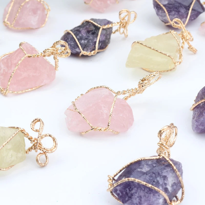 Large Rose Quartz Amethyst Raw Crystal Druzy Pendant With Gold Plated Wire Wrapped