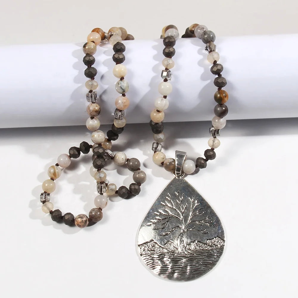 Summer New Boho Ethnic Style Women Jewelry 8mm Natural Stone Glass Knot Necklace Tree Metal Drop Pendant Necklace Sweater Chain