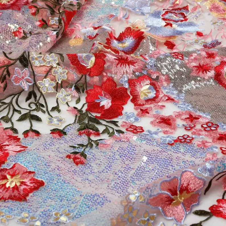 Elegant Embroidered Sequins With Floral Embroidery Couture Soft Sequins Lace Fabric