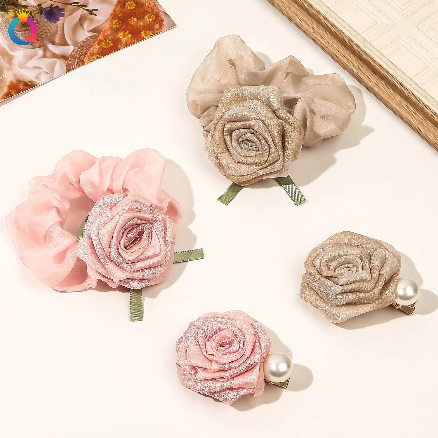 QIYUE Advanced Feeling Flower Scrunchies Net Yarn Rose Flower Pearl Hair Clips Hair Circle Head Flower Women's Hair Accessories