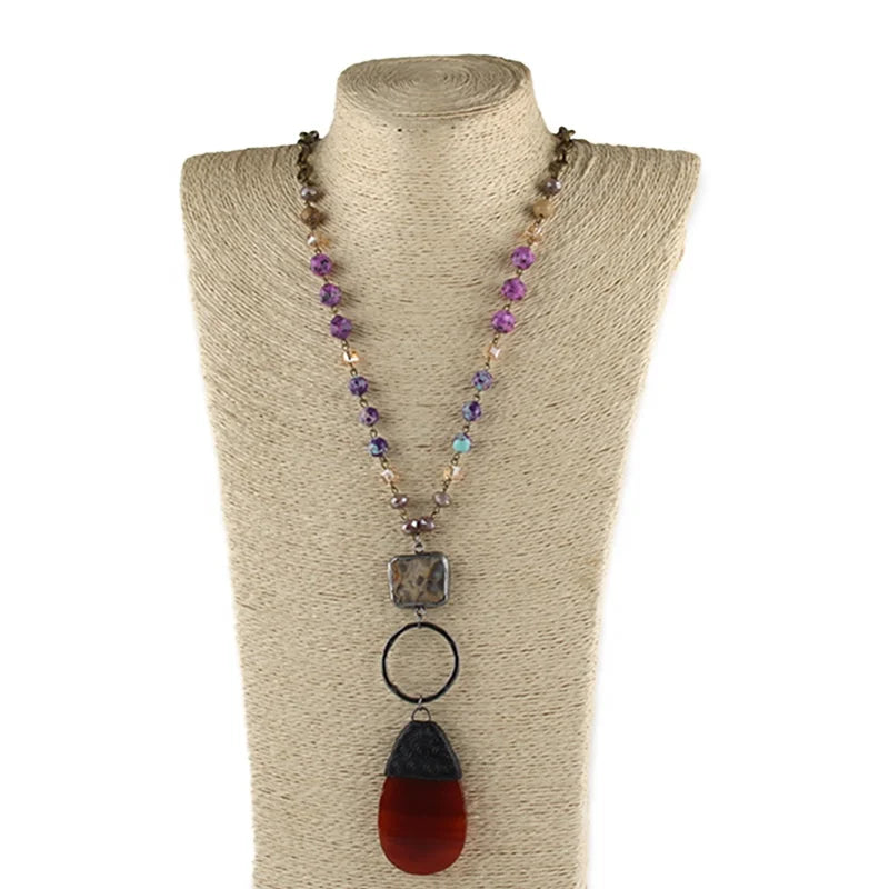 Necklace Women Jewelry 8mm Natural Stone Crystal Glass Rosary Chain Alloy Circle Charm Drop Stone Pendant Necklace