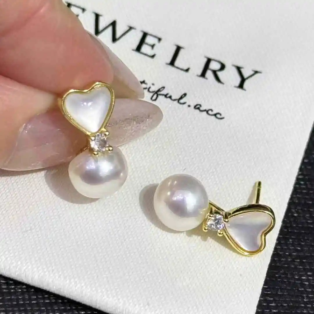 Hot Selling Natural Shell Love Stud Earrings Gold Plated Brass 8-9mm AAAA White Freshwater Pearl Trendy Engagement Wedding
