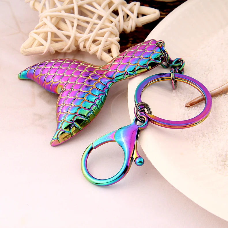 Fashionable Bag Accessories Rainbow Metal Mermaid Tail Shaped Pendant Keychains for Woman