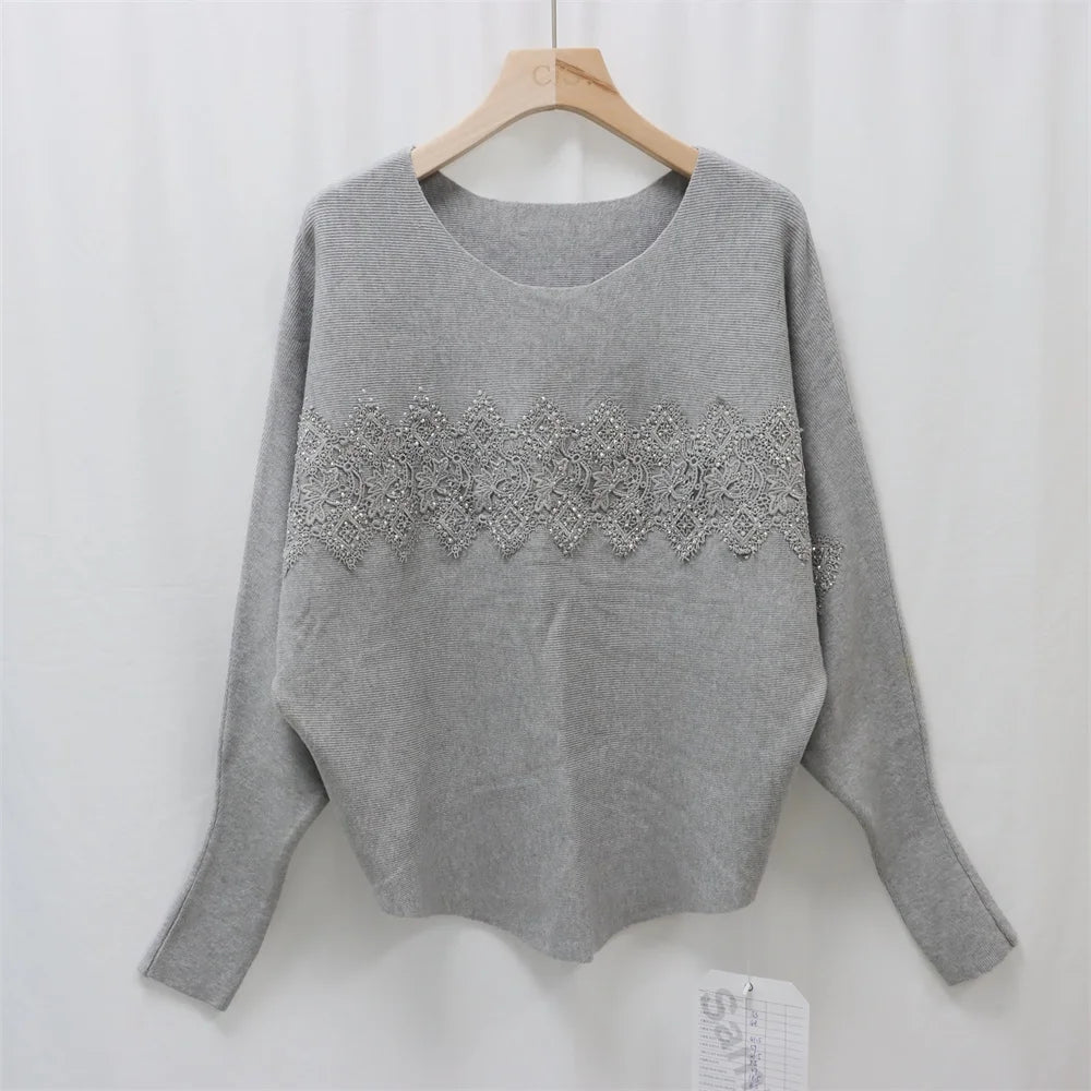 Autumn Breathable Long Sleeves Crew Neck Pullover Custom logo Women's Knitted Decorate Beaded Sweater Manufacturer Factory