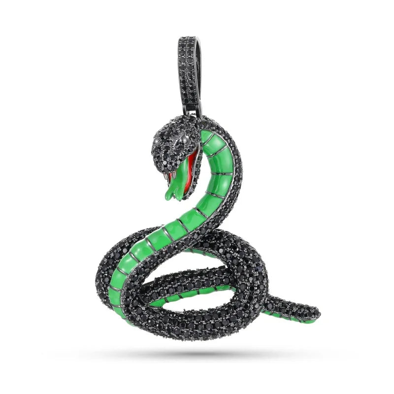 Iced Out Black Rattle Snake Cobra Pendant Necklace Rope Chain Green Dripping Oil Copper Zircon Men Hip Hop Jewelry
