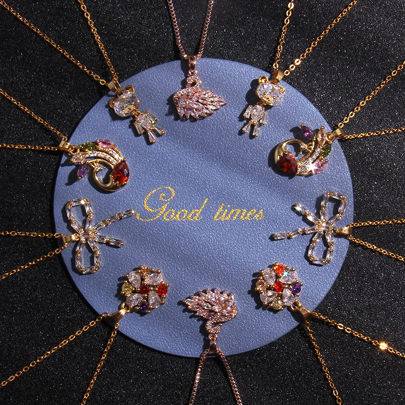 Gold Plated Charm Pendant Titanium Stainless Steel Delicate Diamond Crown Heart Flower Necklace Jewelry for Women