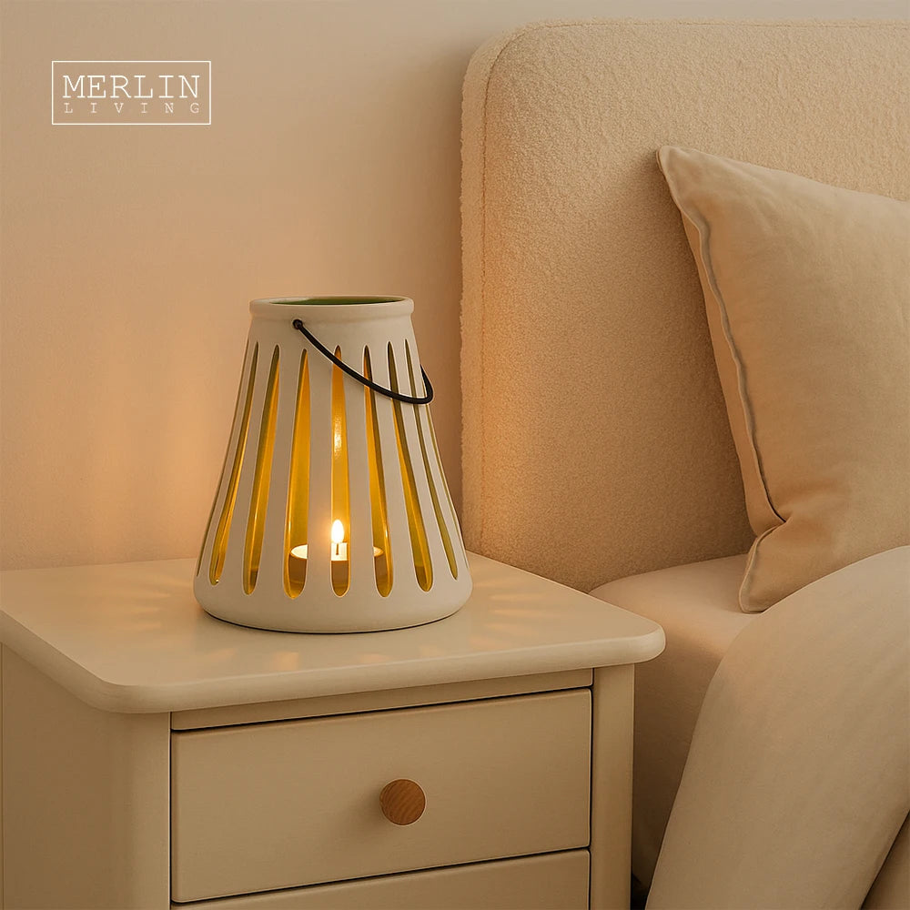 Merlin Living Ceramic Candle Jar Nordic Home Decor Lantern Shape Windproof Multifunctional Jar Chaozhou Ceramic Factory OEMODM