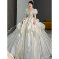 Luxury Satin Boat Neck Bridal Dress Short Sleeve Ball Gown Wedding Dresses